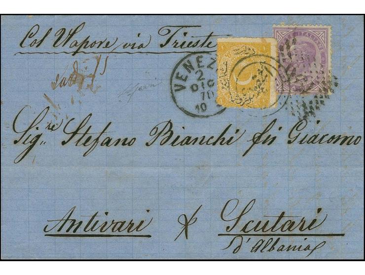"ISKODRA", Arabic double circle, good strike on 1868, 1 pia. yellow on letter from Venice, franked with DLR 60 cmi. 1870 to S