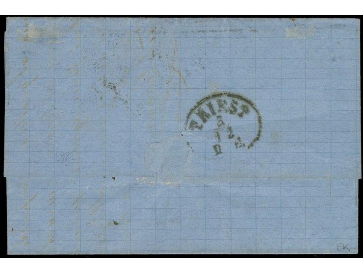 "ISKODRA", Arabic double circle, good strike on 1868, 1 pia. yellow on letter from Venice, franked with DLR 60 cmi. 1870 to S