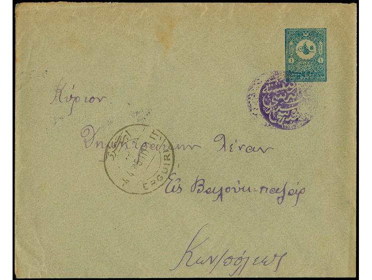 SERAKENICHTE: Violet negative seal on postal stationery envelope 1901, 1 pia. sent to Istanbul with transit mark of Erguiri o