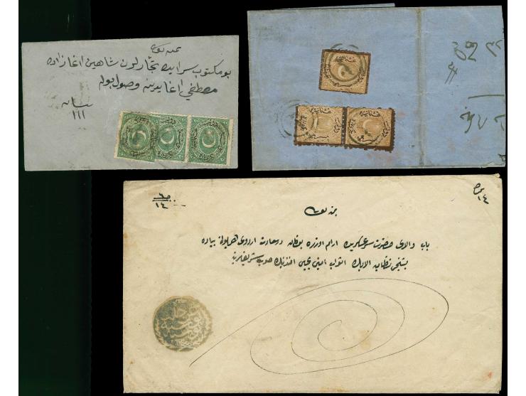1849/68 (ca.), prephilatelic cover with negative seal to Istanbul, entire letter with 3 copies 1868, 20 pa. green with Arabic