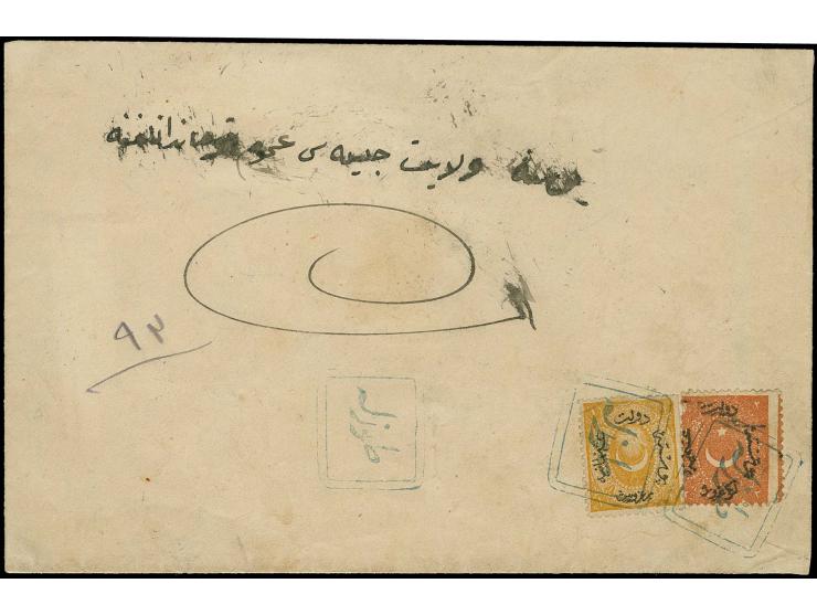 TUZLA: "Tuzla", Arabic boxed marking in blue on 1868/70, 1 pia. and 2 pia. on envelope to Saraybosna with clear additional st