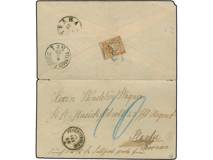 PLEVLJE: "TASLICA", Arabic boxed marking in blue on 1886, 1 pia. on reverse of opened out envelope from Hungary to a military