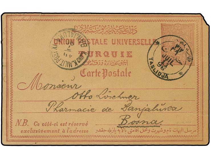 "TASLIDJA JUIL 11 96", clear bilingual cds. on postcard 1892, 20 pa. to Boznar with transit mark of Banja Luka military post;