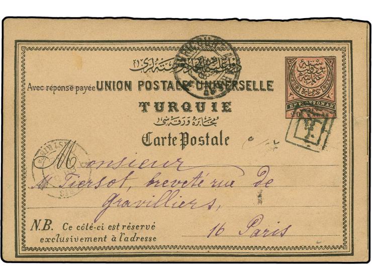 ISTIB: "ISTIB ", arabic boxed marking in black, clear strike on postcard 20 pa. 1888 to Paris with adjacent transit and arriv