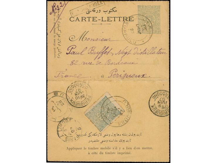 KOPRULU (VELES): "KEUPRULU MAI 27" (1897), 2 strikes on lettercard 1 pia. with addtional franking 1892, 1 pia. as registered 