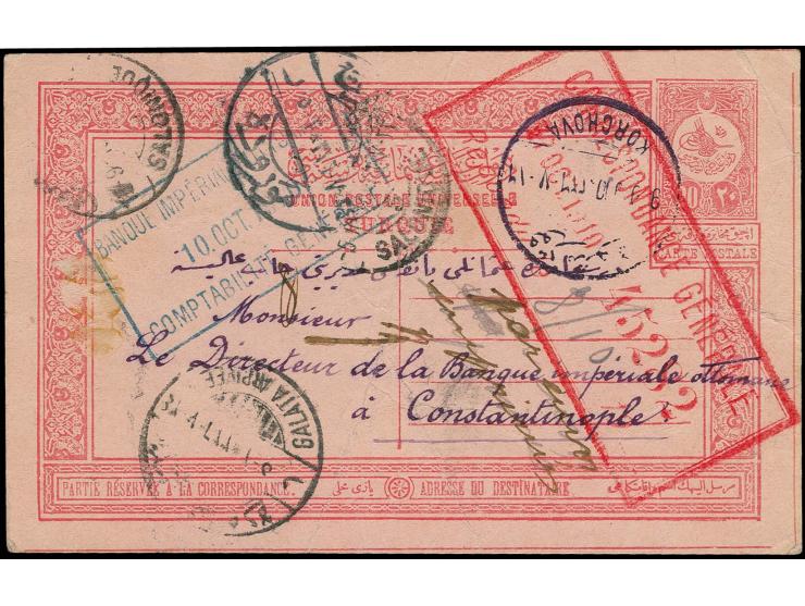 KROSHEVO: "KORCHOVA 9-9-910" in violet on postcard 20 pa. to Constantinople with 2 different day transit marks of Salonike an