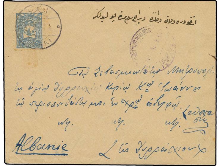 OCHRIDA: "OHRI 17-9-907", clear bilingual cds. on 1905, 1 pia. blue on cover to Albania, showing on front violet arrival mark