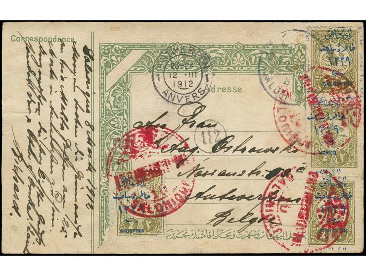 SALONIKE: "SALONIQUE 10", 3 strikes in red on 4 copies Sultan's visit 2 pa. (all 4 cities) on postcard to Belgium with transi