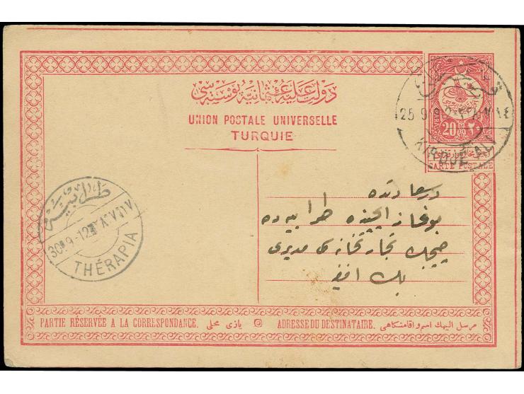 KIRDJE ALI: "KIRDJE ALI 25 9 92", clear strike on postcard 20 pa. to Therapia with arrival mark; card with small adhesions on