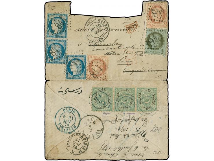SHOMNU: "Sumnu", Arabic double circle in blue, 3 strikes on 1868/70, 20 pa., horizontal strip of 3 on reverse of opened out e
