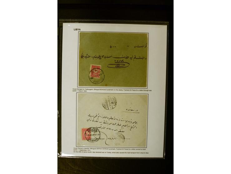 1896/1911 (ca.), 8 covers and one postcard with print cds. incl. "DERNAH", double circle "BENGHAZI", "TRIPOLI D'AFRIQUE 3" et