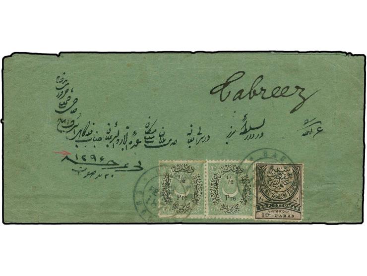 BAGDAD: "BAGDAD TURQUIE FEV 12 1870" on Duloz surcharge ½ pia. on 20 pa. green in horizontal pair in combination with Ampir 1