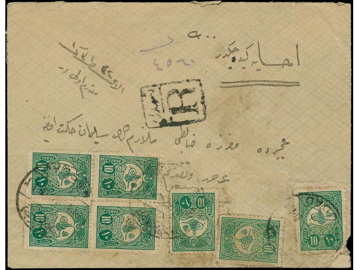 "BAGDAD 8-1-910", cds. on 7 copies 1908, 10 pa. green (one further value fallen off during transport) on registered envelope 