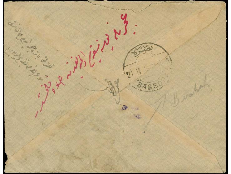 "BAGDAD 8-1-910", cds. on 7 copies 1908, 10 pa. green (one further value fallen off during transport) on registered envelope 
