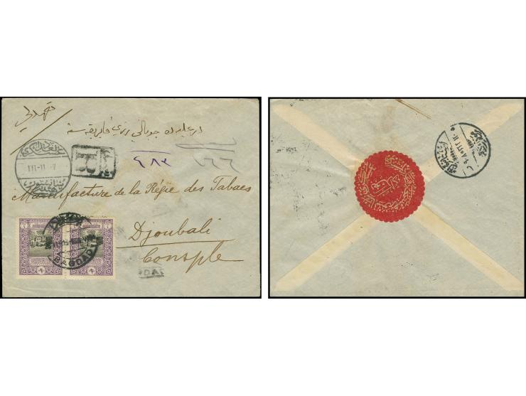 "BAGDAD 26-11-916" on 1916, 1 pia. in horizontal pair on registered envelope to Constantinople, bearing on reverse scarce cen