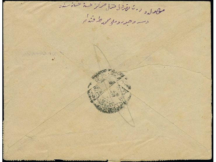 MOSSUL: "MOSUL 5", all Arabic cds., 3 strikes on registered cover with all Arabic register label; stamps partly marginal faul