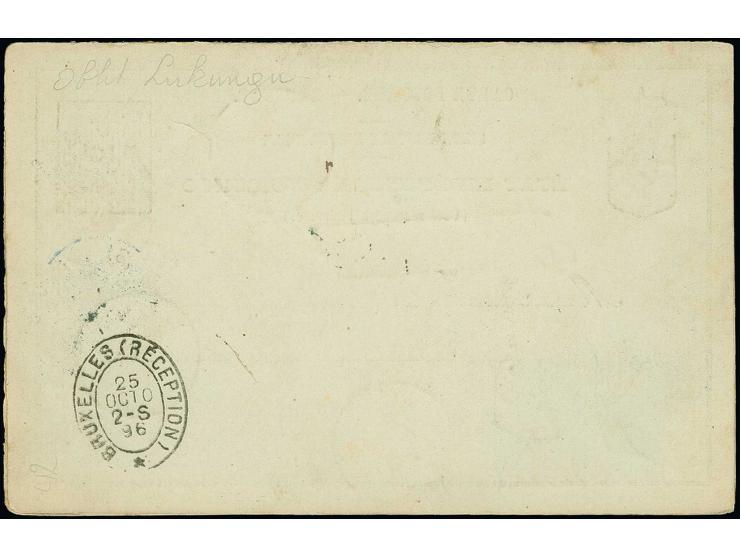 1889, 15+10 c.postal stationery double card with additional franking horizontal pair King Leopold 25 c. blue as registered ca