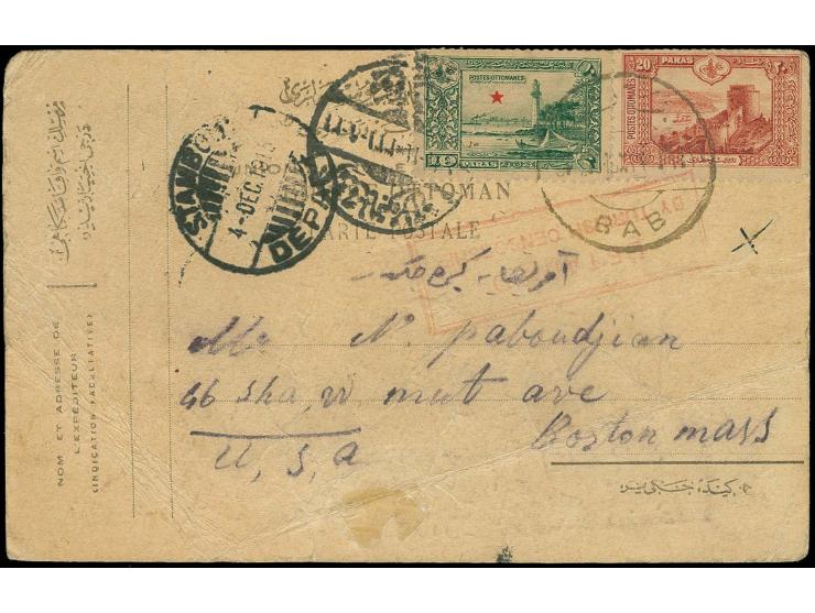 AL BAB: "BAB", bilingual cds. on postcard 1915 to Boston, USA; returned with red boxed "DETAINED BY TURKISH CENSORSHIP"; some