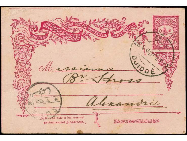 DJEDDA: "DJIDDE 26 4 902", clear strike on postal stationery card 20 pa. to Alexandria with transit mark of Suez