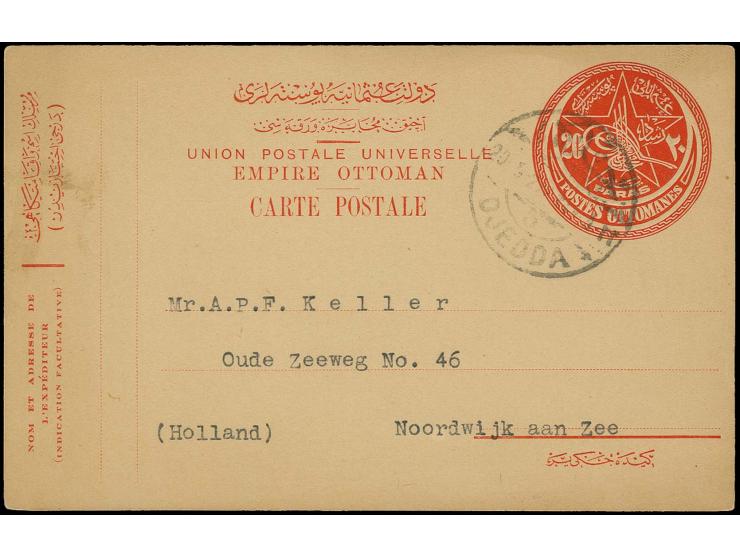 "DJEDDA 5" on postal stationery card 20 pa. without text, addressed to Holland. This is the discovery copy for this cancellat