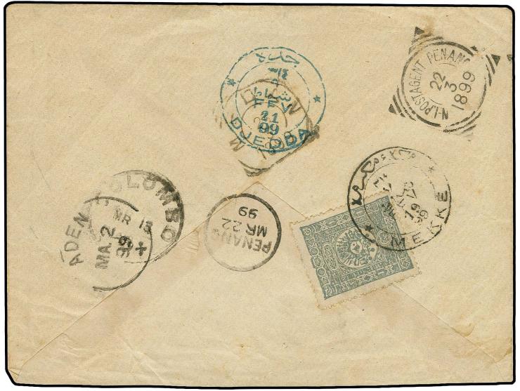 MECCA: "MEKKE FEV 19 99", double circle in black, clear strike on 1892, 1 pia. grey on reverse of cover to Sumatra, showing a