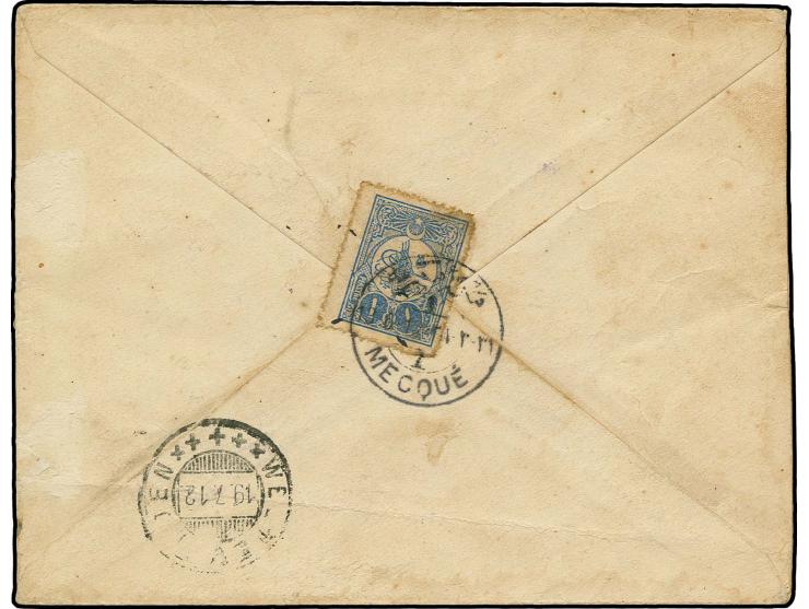 "MECQUE 1 / 13.6.12", good strike on 1909, 1 pia. on reverse of cover to Netherlands Indies with arrival mark of Weltevreden