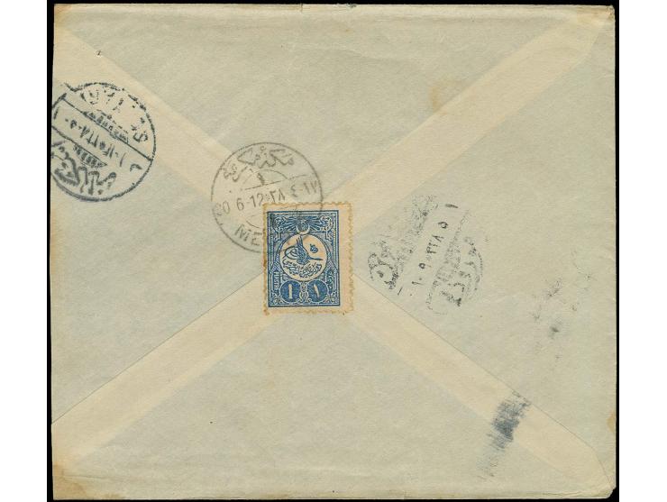 "MECQUE 1 / 20-6-12", clear marking on 1909, 1 pia. blue on reverse of cover to Istanbul