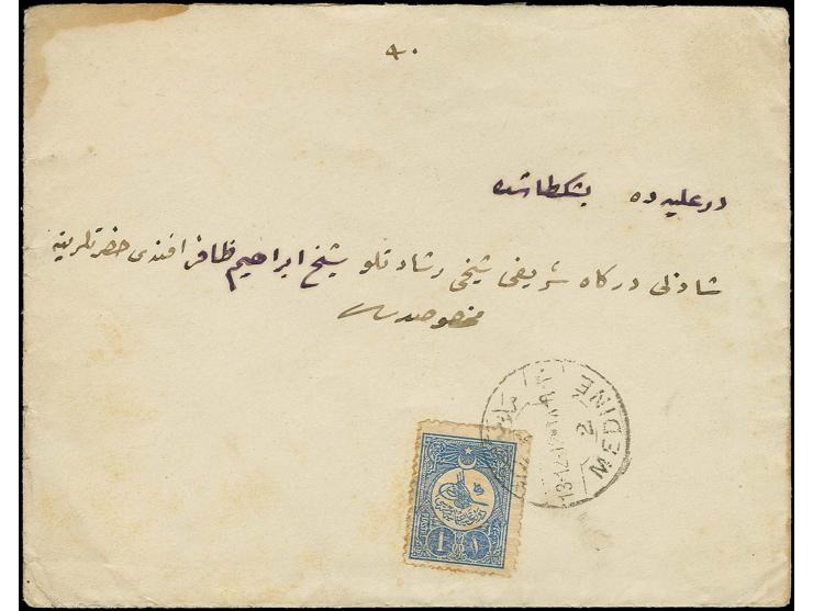 "MEDINE 2 13-12-12", clear strike on 1909, 1 pia. on cover to Istanbul; a scarce cancellation