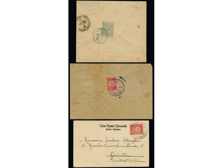 CAMARAN ISLAND: 1895/1912, 2 covers and postcard with clear cancellation "CAMARAN (ILE)" and bilingual "CAMARAN" in black and