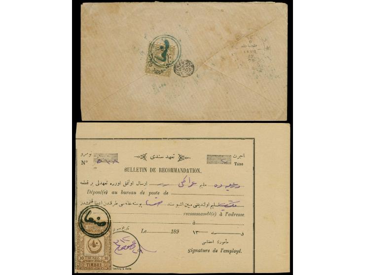 SANAA: "SAN'A" arabic double circle in blue, clear strike on 1868, 5 pia. grey on reverse of cover with original contents to 