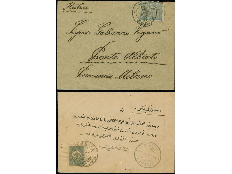 "SANAA", bilingual double circle, clear strike on 1892, 1 pia. on cover to Italy and  on cover 1910 to Istanbul