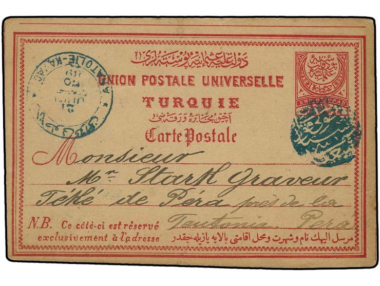 ANADOLUKAVAGI: "ANADOLUKAVAGI POSTA SUBESI", clear negative seal in blue on postcard 20 pa. with adjacent blue date stamp "AN
