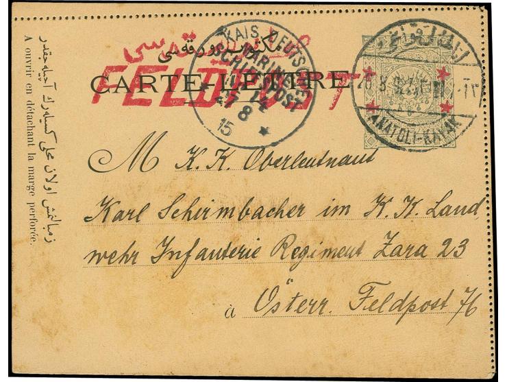 ANADOLUKAVAGI: "ANATOLI -KAFAK 26.8.-915" on front of lettercard 1 pia., overprinted "FELDPOST" with adjacent German ship's p