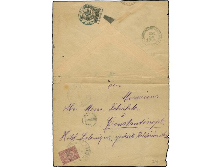 1888, 1 pia. blue tied by Constantinople cds. to reverse of opened out envelope from Starazagora, Bulgaria, franked with 1892