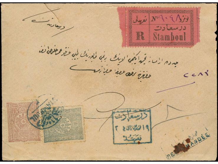 ISTANBUL: "DERSAADET / STANBOUL", bilingual blue oval postmark on 1892, 20 pa. and 1 pia. on registered envelope with very ra