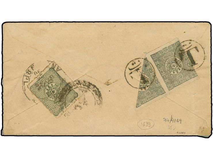 EDIRNE: "ADRIAN&Omega;PLE MARS 25 96" on 1892, 10 pa. on reverse of cover to Istanbul, here franked with postage due 1892, 1 