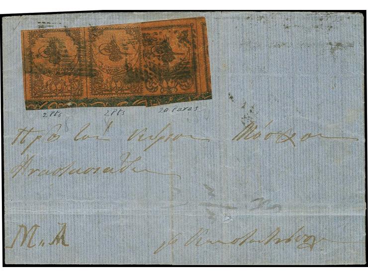 FETHIYE: Entire folded letter from Fethiye to Istanbul, franked on arrival with postage due 1863, 2 pia. in horizontal pair a