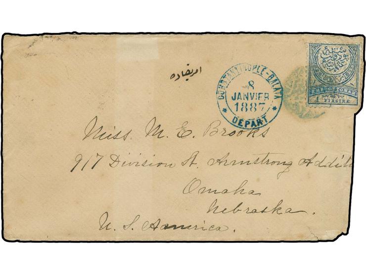 GAZIANTEP: "AYINTAB POSTA SUBESI 1286", small negative seal in blue, clear strike on 1880, 1 pia. on cover to Omaha, USA with