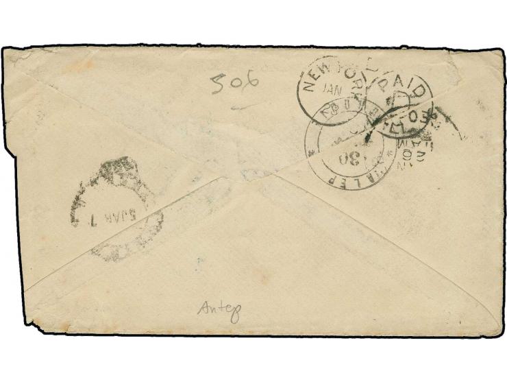 GAZIANTEP: "AYINTAB POSTA SUBESI 1286", small negative seal in blue, clear strike on 1880, 1 pia. on cover to Omaha, USA with