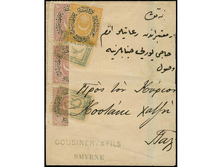 IZMIR: "IZMIR 99", triple framed boxed Arabic marking on 1876/77, 10 pa. bisect in vertical strip of 3 with sheet margin and 