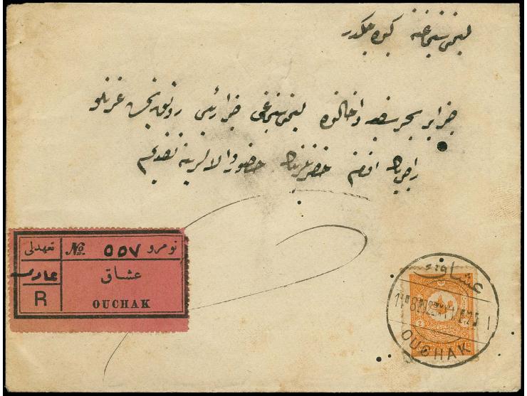USAK: "OUCHAK 14.8.92", clear bilingual marking on 1901, 2 pia. orange on registered envelope with very rare bilingual dark p