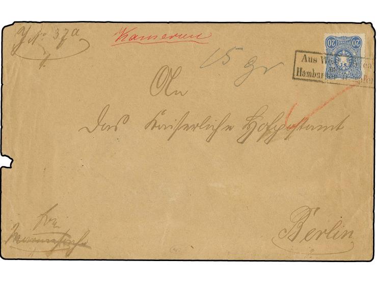 SEEPOST-VORLÄUFER: "KAMERUN", Aufgabevermerk in rot auf Hofpostamtsbrief mit 1880, 20 Pfg. mit Ra3 "Aus Westafrika mit Hambur