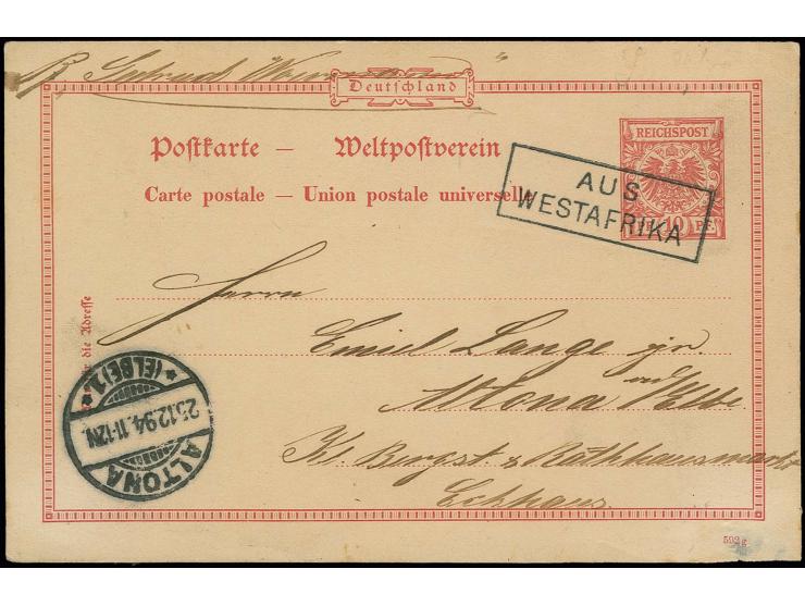 Karte 10 Pfg. mit klarem Ra2 "AUS WESTAFRIKA" mit Bedarfstext aus Batanga nach Altona mit Ankunftsstempel; rückseitig zwei Sc