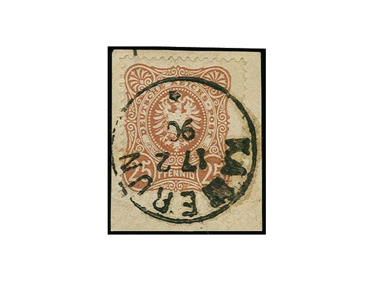 25 Pfg. orangebraun, farbfrisch und tadellos gezähnt mit sauber aufgesetztem "KAMERUN 17 2 90" auf Briefstück; ein seltener V