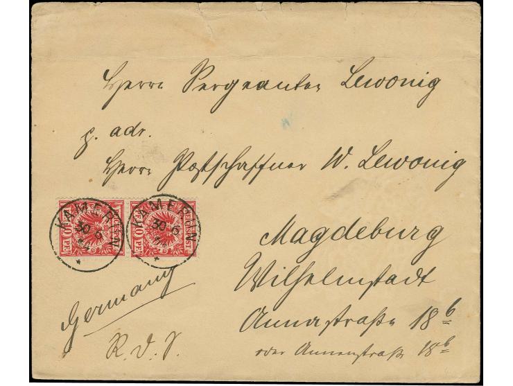 10 Pfg. ockerquarzend, senkrechtes Paar, farbfrisch und gut gezähnt mit jeweils sauber aufgesetztem "KAMERUN 30 6 94" auf Bri