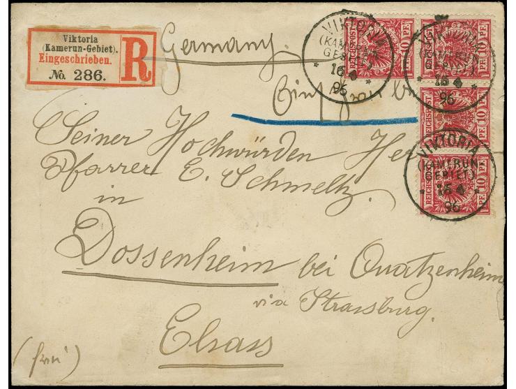 10 Pfg. lebhaftlilarot mit sauberen Stempeln "VIKTORIA (KAMERUN-GEBIET) 16 4 96" auf R-Brief nach Dossenheim im Elsaß mit Ank