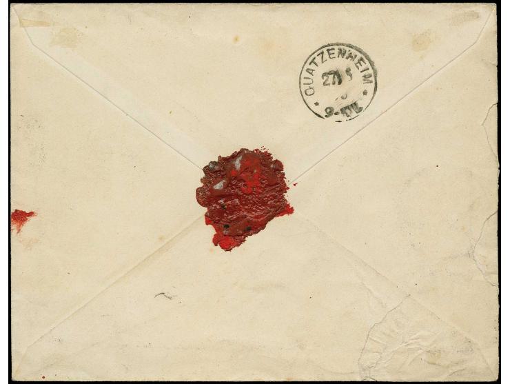 10 Pfg. lebhaftlilarot mit sauberen Stempeln "VIKTORIA (KAMERUN-GEBIET) 16 4 96" auf R-Brief nach Dossenheim im Elsaß mit Ank
