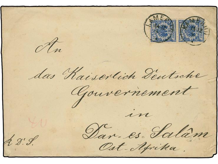 20 Pfg. violettultramarin im senkrechten Paar auf R.D.S.-Brief von "KAMERUN 14.12.94" mit rückseitigem Dienstsiegel "KAISERLI