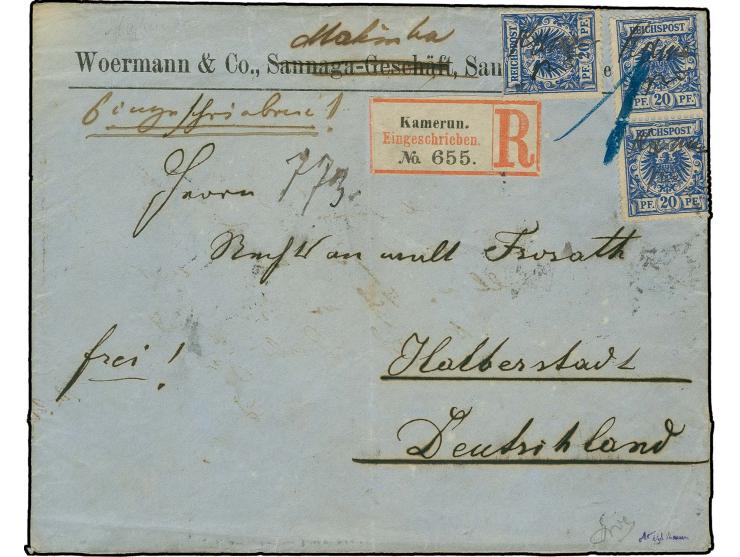 20 Pfg., senkrechtes Paar und Einzelwert mit handschriftlicher Entwertung "Kame-run" auf R-Brief der Woermann-Niederlassung b