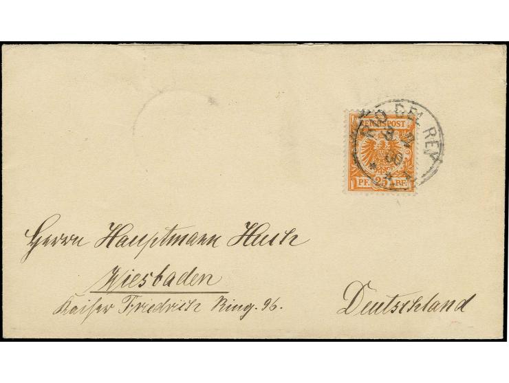 25 Pfg. mit Stempel "RIO DEL REY 8 2 00" auf kleinem Briefkuvert nach Wiesbaden mit Ankunftsstempel